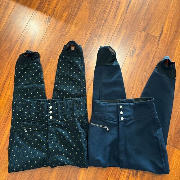 Bogner Lot Vintage Ski Stirrup Pants Two Pairs Blue Pattern and Black Gold Women - Picture 1 of 14